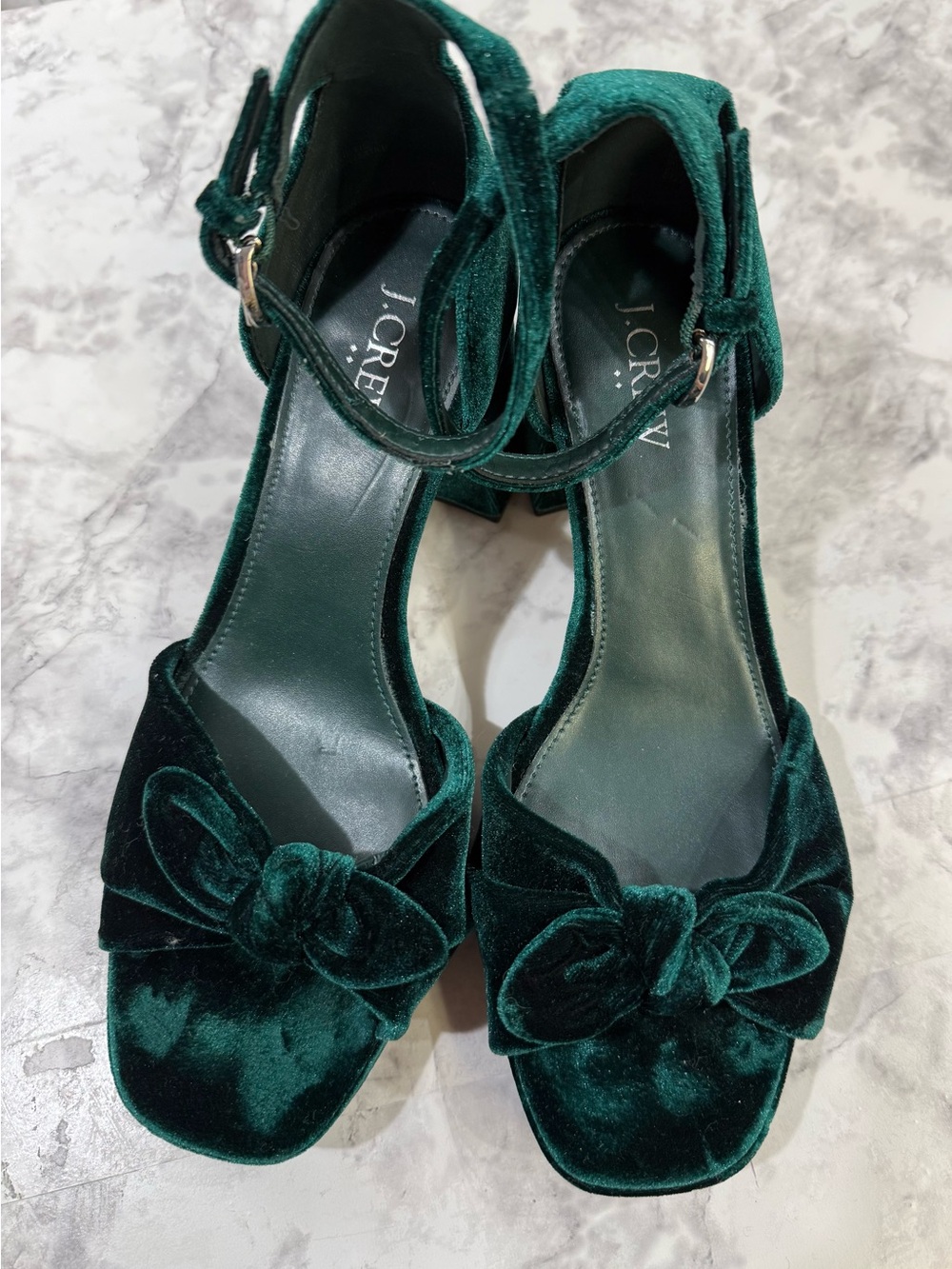 J. Crew Women's Emerald Green Velvet Bow Ankle-Strap Heels
